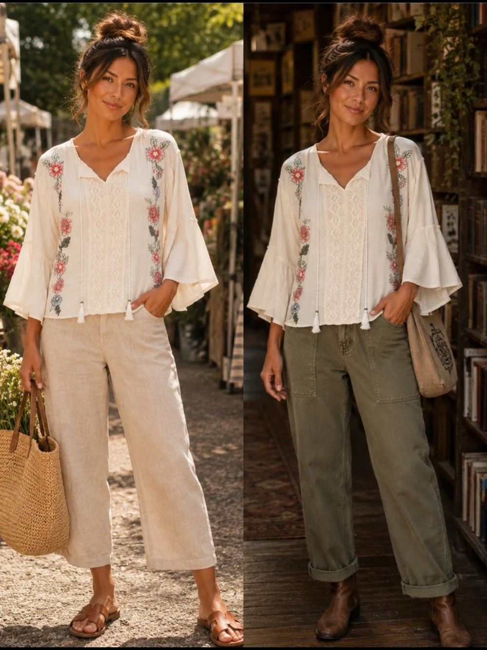Blue Rain Ivory Embroidered Boho Peasant Blouse | Crochet Lace Tassel Tie Top
